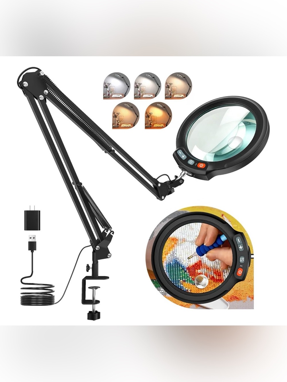 NWT 30X 12X Large Magnifying Glass with Light and Clamp, 5-Inch Optical HD Lens
